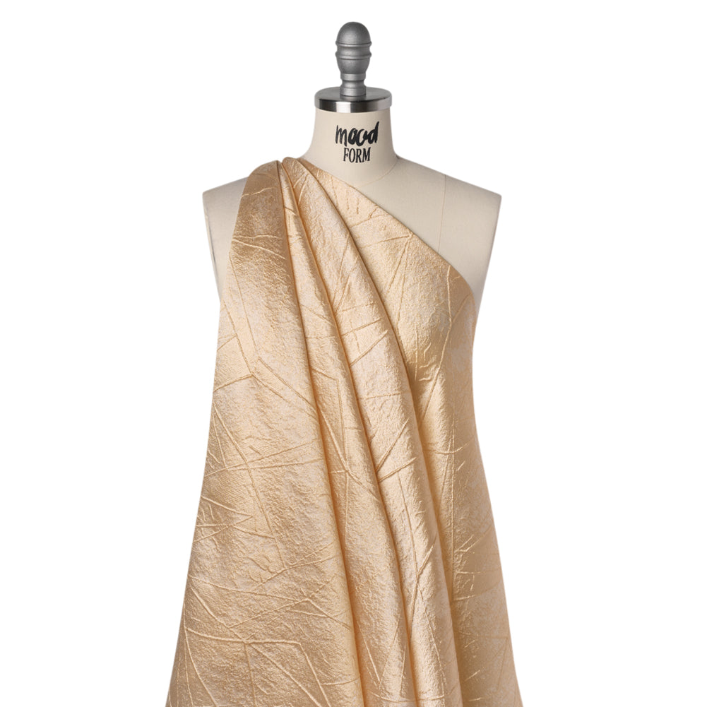 Luminous Polyester Brocade - Golden Tan Abstract Lines - Deadstock Drape Luminous Polyester Brocade - Golden Tan Abstract Lines - Deadstock Drape