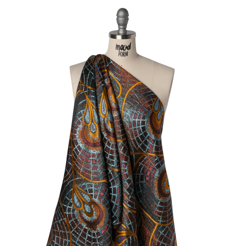 Metallic Polyester Brocade - Orange, Wine Red and Sky Blue Geometrically Abstract Dandelions - Deadstock Drape Metallic Polyester Brocade - Orange, Wine Red and Sky Blue Geometrically Abstract Dandelions - Deadstock Drape
