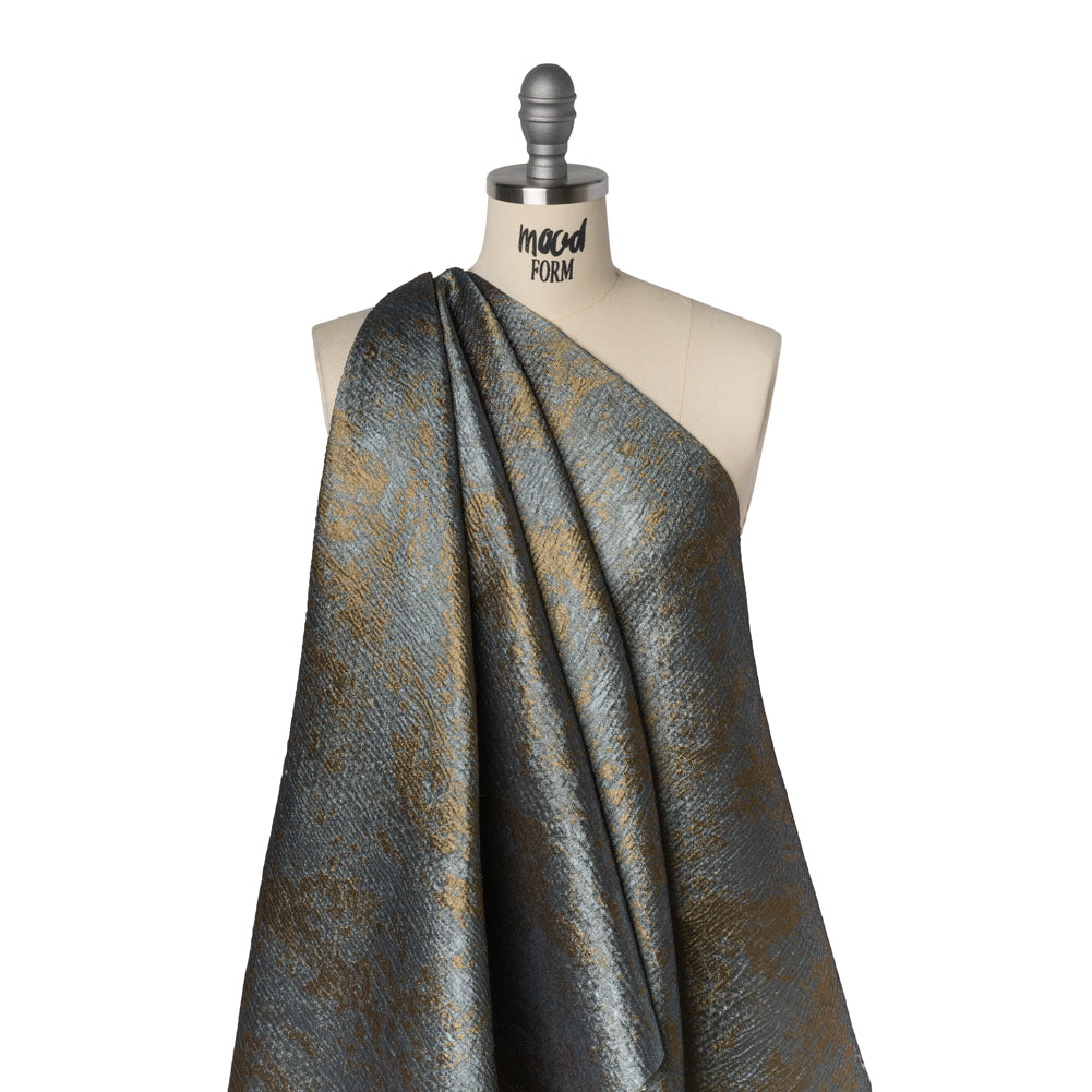 Metallic Polyester Brocade - Steel Blue and Antique Gold Abstract - Deadstock Drape Metallic Polyester Brocade - Steel Blue and Antique Gold Abstract - Deadstock Drape