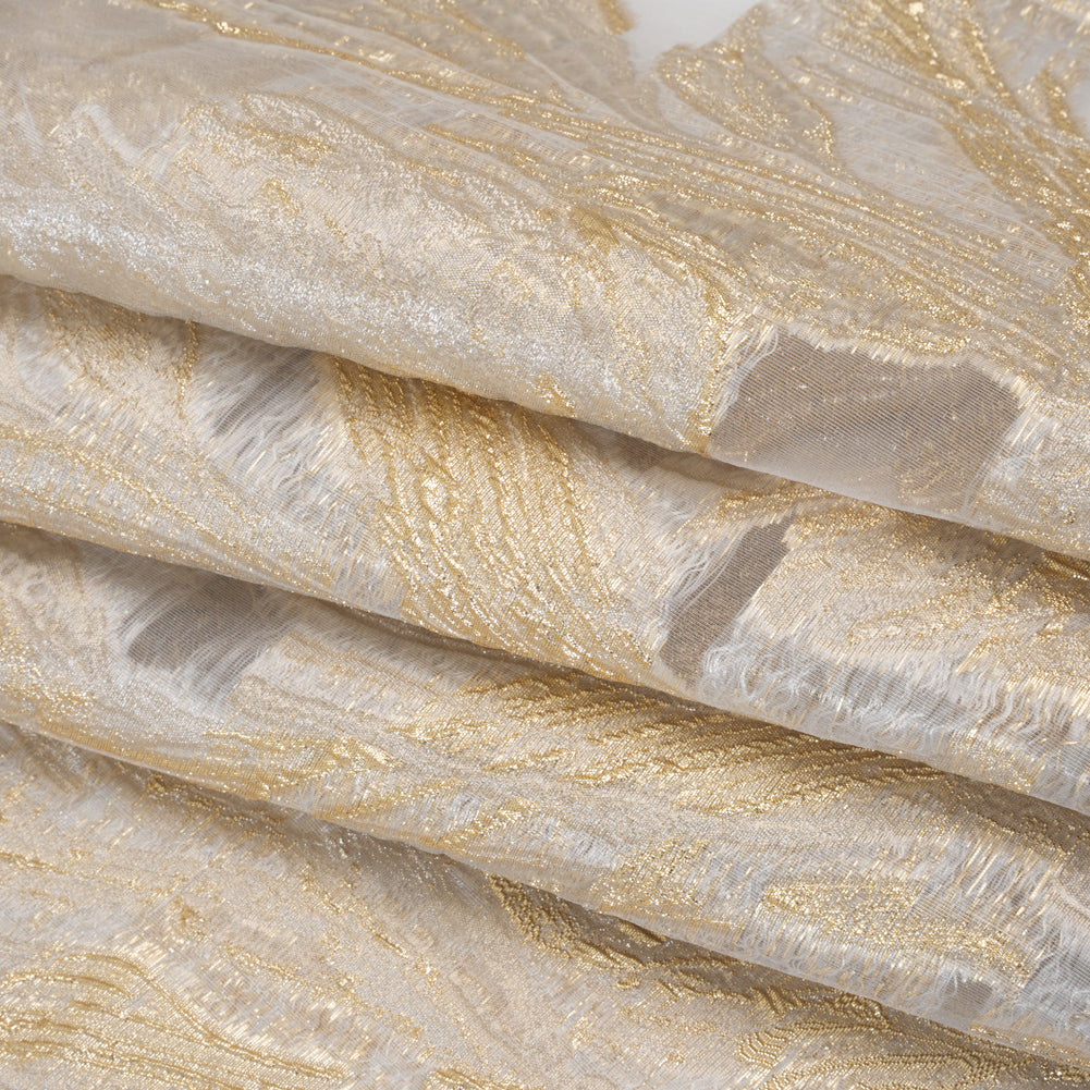 Metallic Polyester Burnout Brocade - Ivory and Gold Abstracted Florals - Deadstock Folded Metallic Polyester Burnout Brocade - Ivory and Gold Abstracted Florals - Deadstock Folded