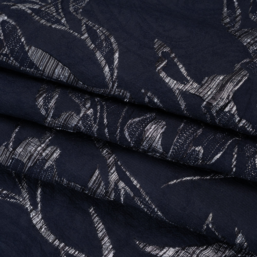 Metallic Polyester Brocade - Navy Blue and Silver Gray Floral Drawings - Deadstock Folded Metallic Polyester Brocade - Navy Blue and Silver Gray Floral Drawings - Deadstock Folded