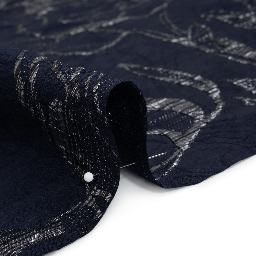 Metallic Polyester Brocade - Navy Blue and Silver Gray Floral Drawings - Deadstock Detail Metallic Polyester Brocade - Navy Blue and Silver Gray Floral Drawings - Deadstock Detail
