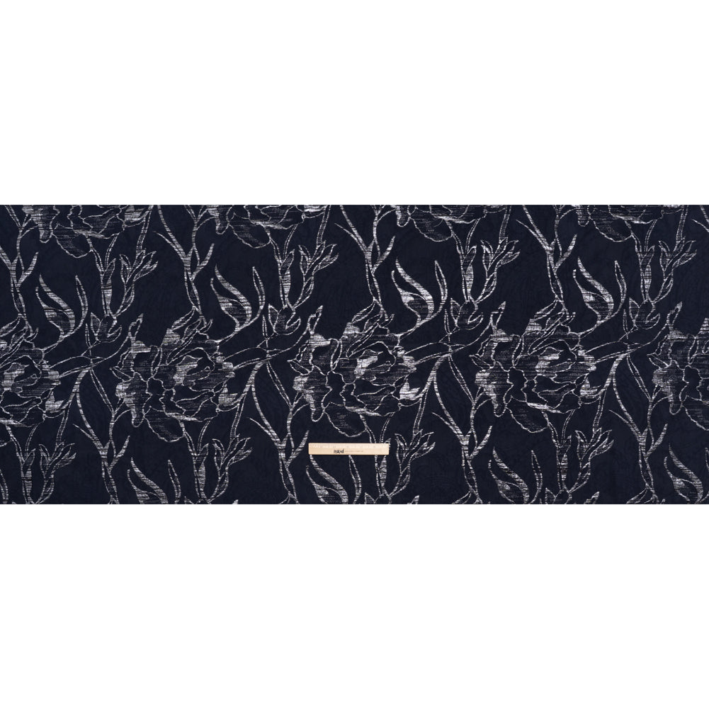 Metallic Polyester Brocade - Navy Blue and Silver Gray Floral Drawings - Deadstock - Full Metallic Polyester Brocade - Navy Blue and Silver Gray Floral Drawings - Deadstock - Full
