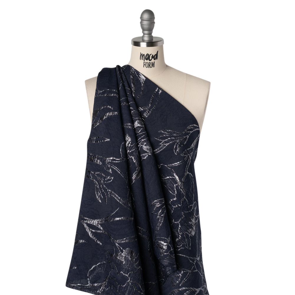 Metallic Polyester Brocade - Navy Blue and Silver Gray Floral Drawings - Deadstock Drape Metallic Polyester Brocade - Navy Blue and Silver Gray Floral Drawings - Deadstock Drape