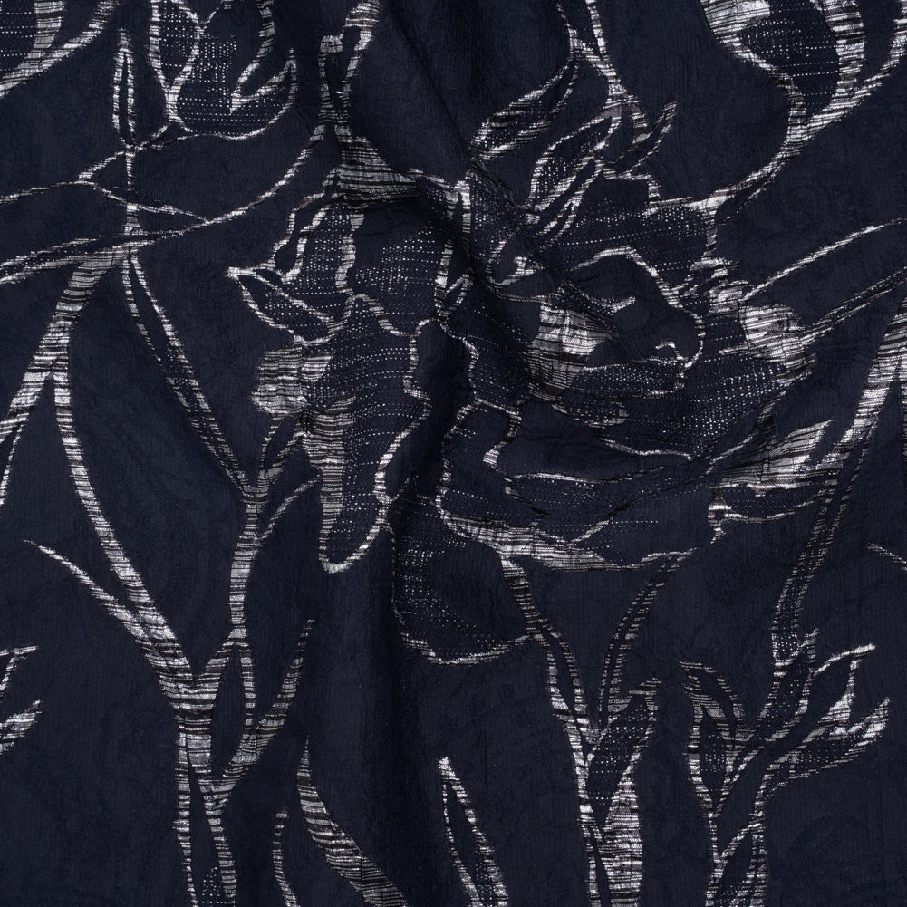 Metallic Polyester Brocade - Navy Blue and Silver Gray Floral Drawings - Deadstock Metallic Polyester Brocade - Navy Blue and Silver Gray Floral Drawings - Deadstock