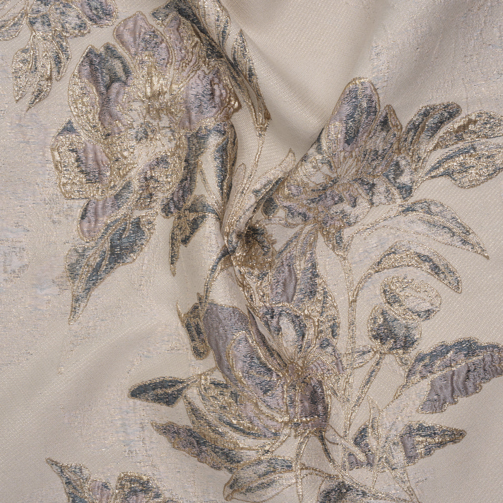 Metallic Polyester Brocade - Pale Pink, Steel Blue and Gold Floral - Deadstock Metallic Polyester Brocade - Pale Pink, Steel Blue and Gold Floral - Deadstock