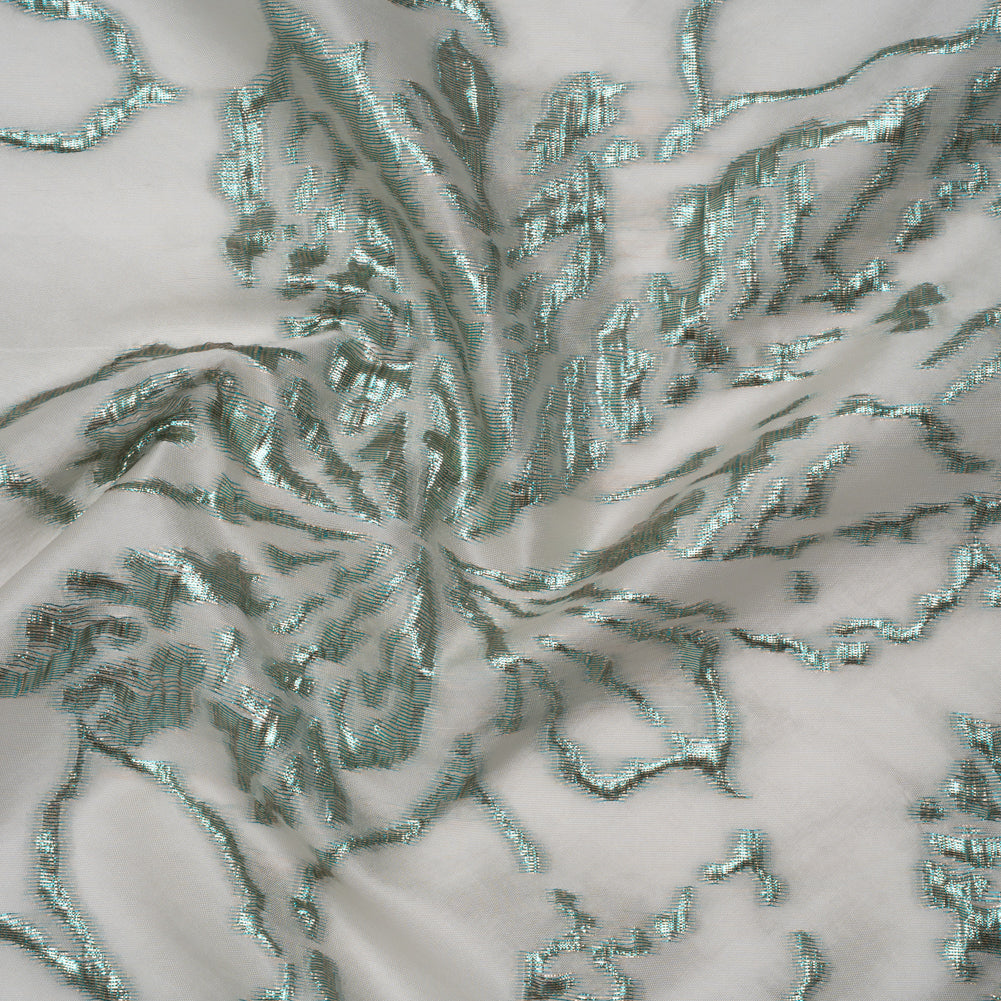 Metallic Polyester Brocade - Light Gray and Emerald Green Floral - Deadstock Metallic Polyester Brocade - Light Gray and Emerald Green Floral - Deadstock