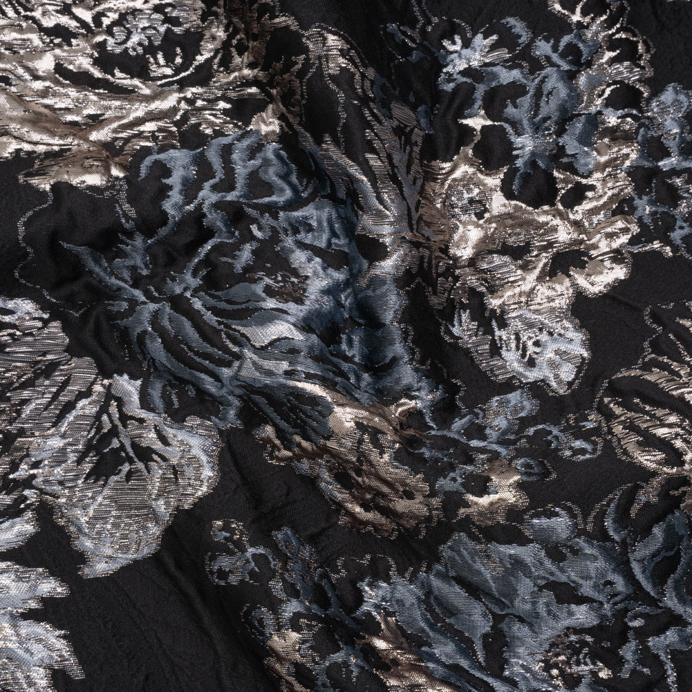 Metallic Polyester Brocade - Black, Sky Blue and Rose Gold Florals on Paisley - Deadstock Metallic Polyester Brocade - Black, Sky Blue and Rose Gold Florals on Paisley - Deadstock