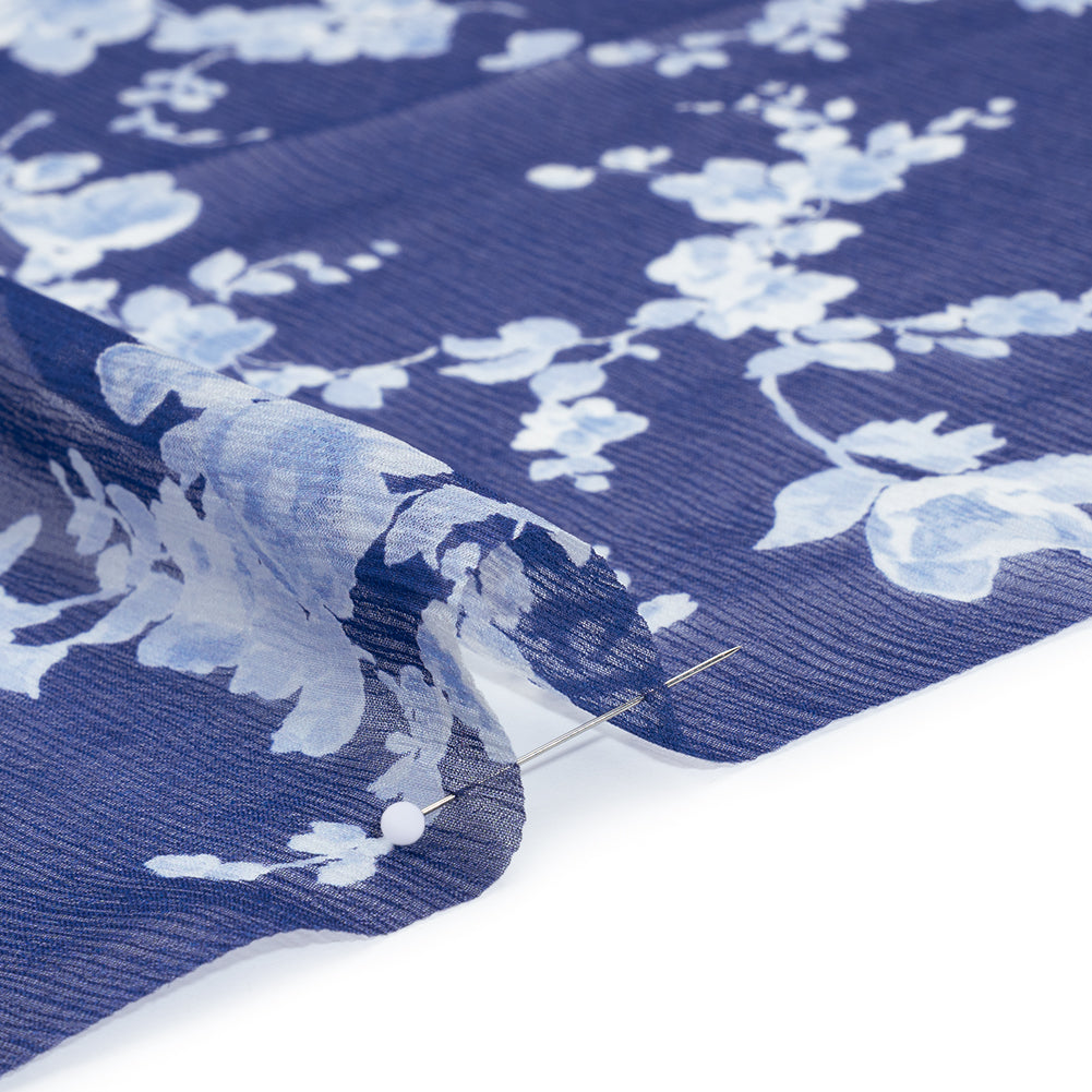 Crinkled Silk Chiffon Print by Carolina Herrera - Dark Blue and White Ghostly Flowers - Designer Deadstock Crinkled Silk Chiffon Print by Carolina Herrera - Dark Blue and White Ghostly Flowers - Designer Deadstock