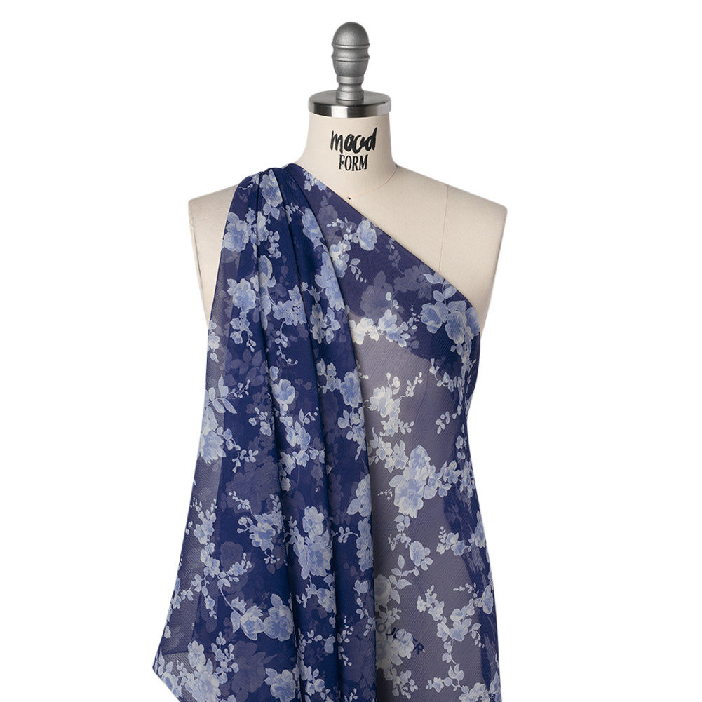 Crinkled Silk Chiffon Print by Carolina Herrera - Dark Blue and White Ghostly Flowers - Designer Deadstock Crinkled Silk Chiffon Print by Carolina Herrera - Dark Blue and White Ghostly Flowers - Designer Deadstock