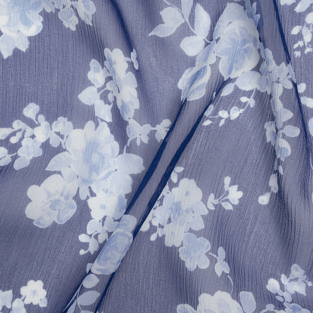 Crinkled Silk Chiffon Print by Carolina Herrera - Dark Blue and White Ghostly Flowers - Designer Deadstock Crinkled Silk Chiffon Print by Carolina Herrera - Dark Blue and White Ghostly Flowers - Designer Deadstock