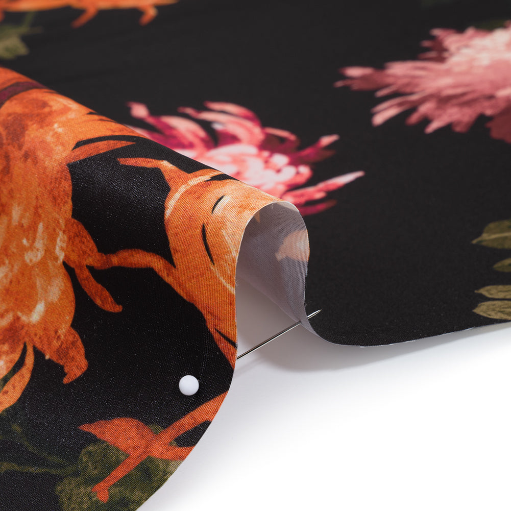 Polyester Faille Print by Carolina Herrera - Black, Orange and Pink Chrysanthemum Floral - Designer Deadstock Polyester Faille Print by Carolina Herrera - Black, Orange and Pink Chrysanthemum Floral - Designer Deadstock