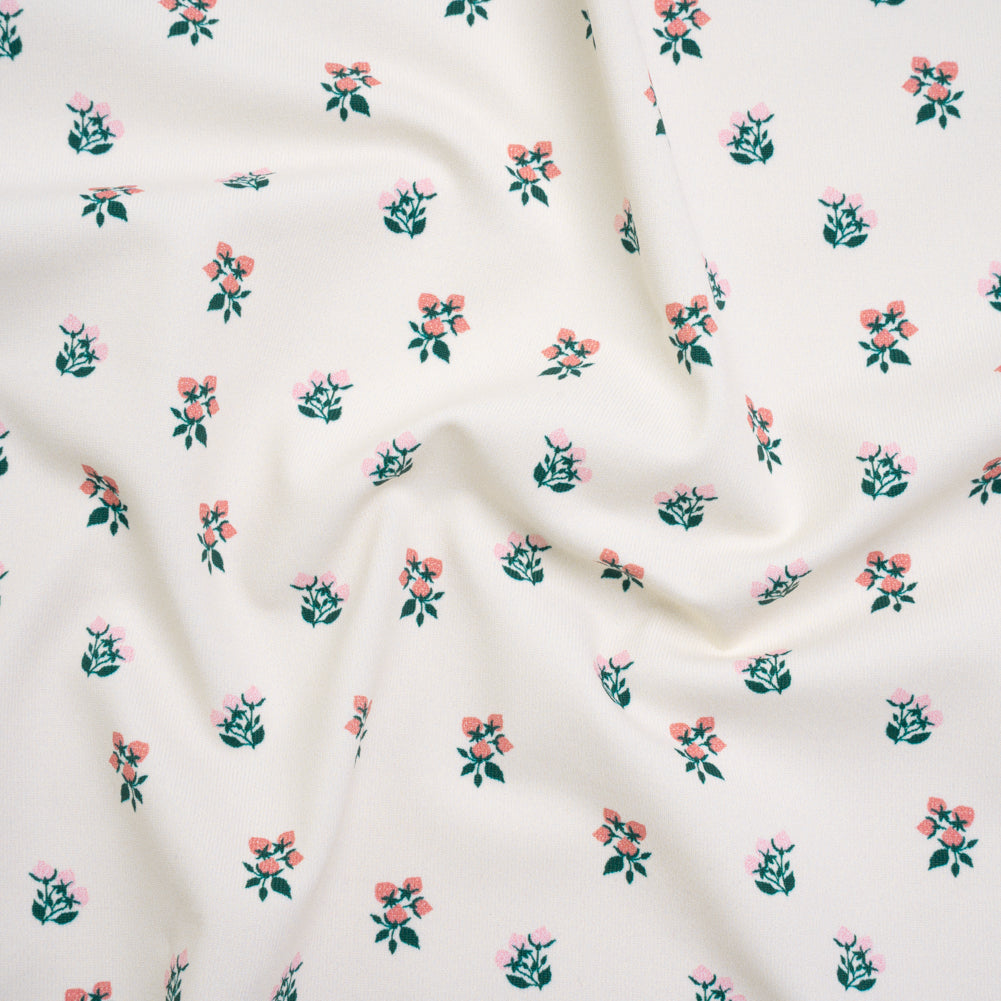 Stretch Nylon Jersey Print by Montce - Pink, Dark Green and Cream Floral Ditsy - Designer Deadstock Stretch Nylon Jersey Print by Montce - Pink, Dark Green and Cream Floral Ditsy - Designer Deadstock