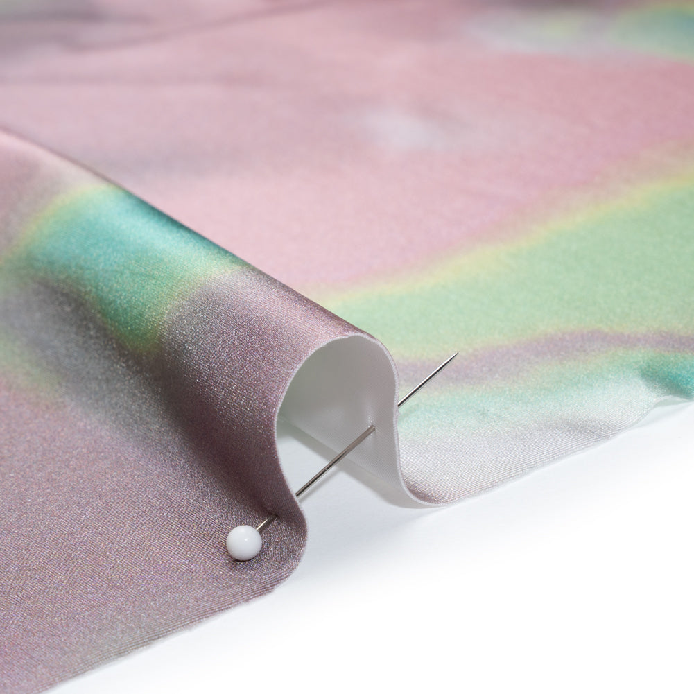 Metallic Stretch Nylon Tricot Print by Montce - Pink, Mint and Hunter Green Abstract Tie Dye - Designer Deadstock - Detail Metallic Stretch Nylon Tricot Print by Montce - Pink, Mint and Hunter Green Abstract Tie Dye - Designer Deadstock - Detail