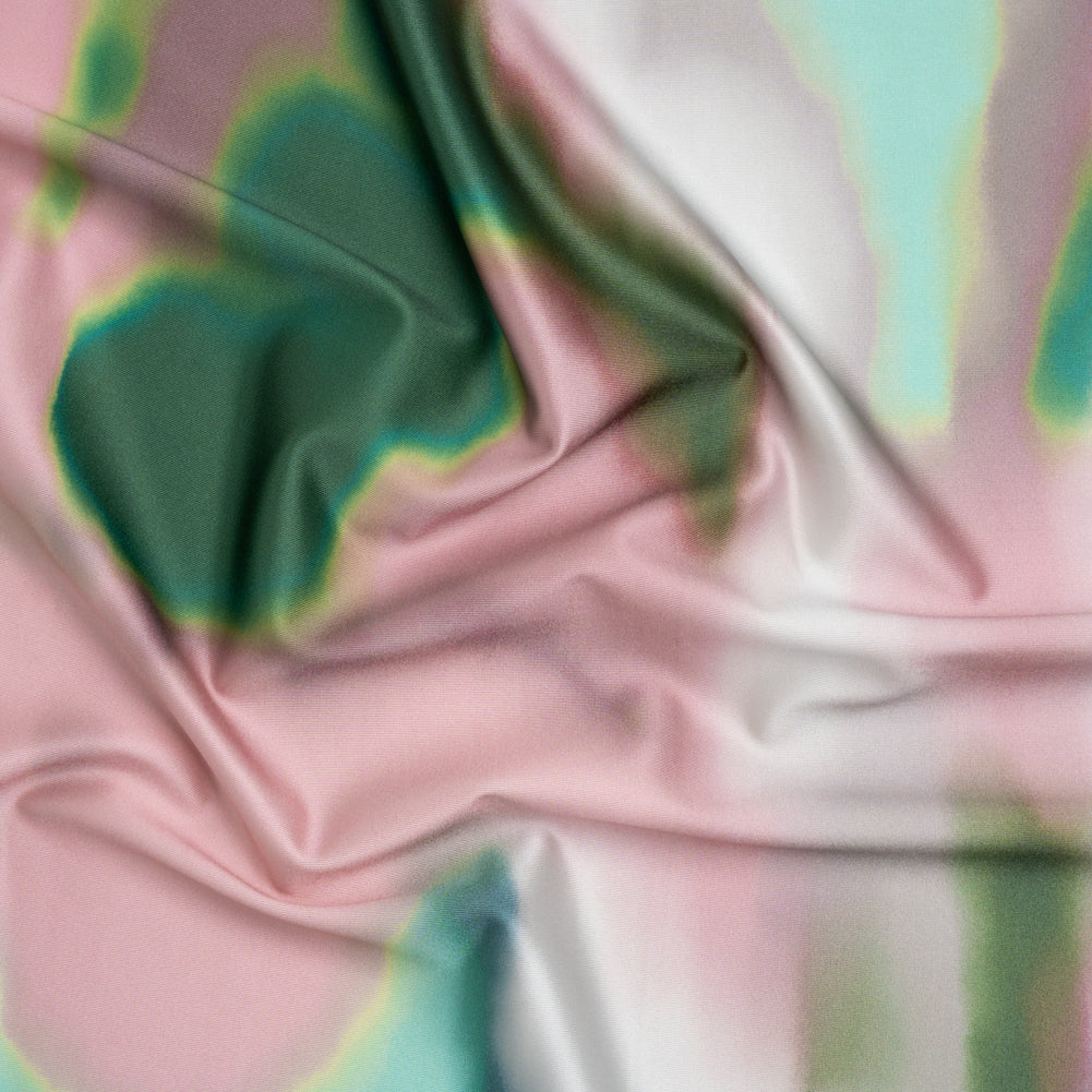Metallic Stretch Nylon Tricot Print by Montce - Pink, Mint and Hunter Green Abstract Tie Dye - Designer Deadstock Metallic Stretch Nylon Tricot Print by Montce - Pink, Mint and Hunter Green Abstract Tie Dye - Designer Deadstock
