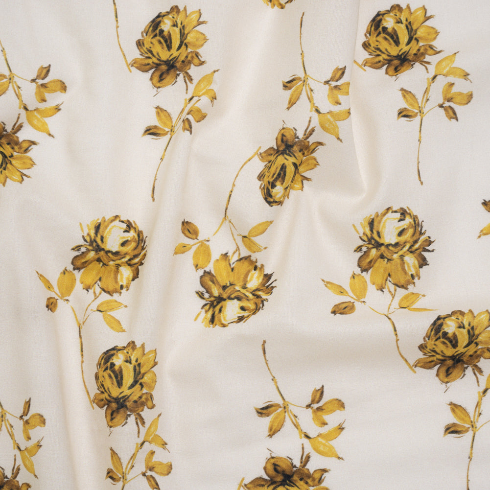 Cotton Voile Print by Montce - White and Yellow Gold Roses - Designer Deadstock Cotton Voile Print by Montce - White and Yellow Gold Roses - Designer Deadstock