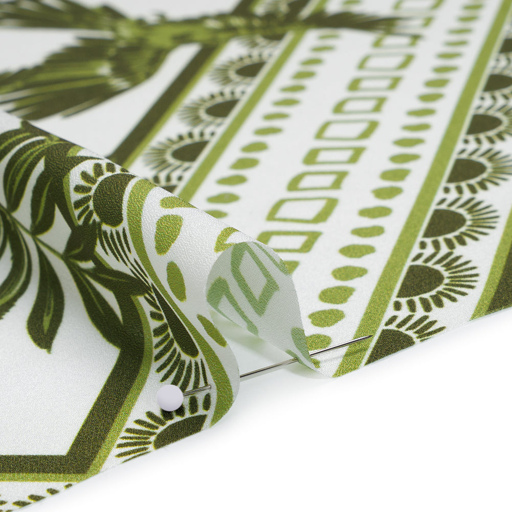 Polyester Crepe de Chine Print - Leaf Green and Porcelain White Tropical Nature and Shapes - Designer Deadstock - Detail Polyester Crepe de Chine Print - Leaf Green and Porcelain White Tropical Nature and Shapes - Designer Deadstock - Detail