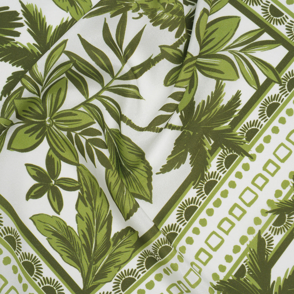 Polyester Crepe de Chine Print - Leaf Green and Porcelain White Tropical Nature and Shapes - Designer Deadstock Polyester Crepe de Chine Print - Leaf Green and Porcelain White Tropical Nature and Shapes - Designer Deadstock