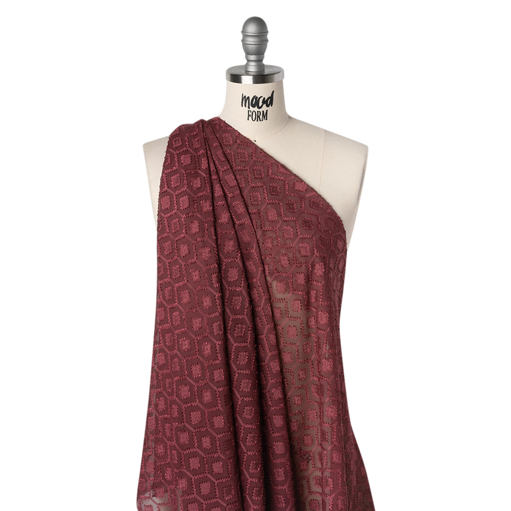 Geometric Burnout Polyester Woven - Burgundy - Mood Exclusive Erynnis Collection - Drape Geometric Burnout Polyester Woven - Burgundy - Mood Exclusive Erynnis Collection - Drape