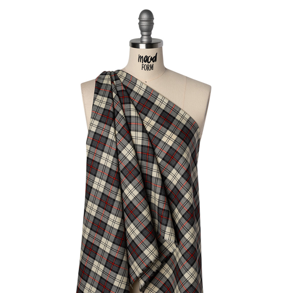 Virgin Wool Twill Made in Italy - Cream, Charcoal and Red Plaid Virgin Wool Twill Made in Italy - Cream, Charcoal and Red Plaid
