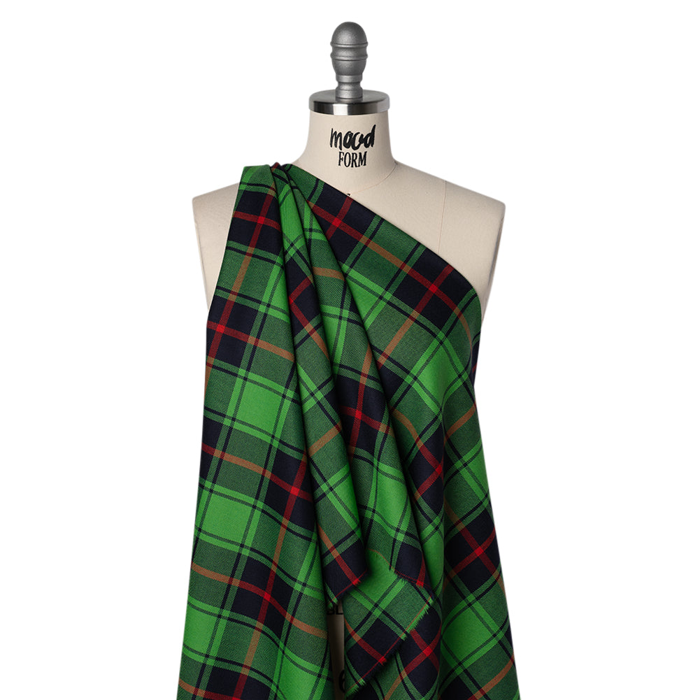 Virgin Wool Twill Made in Italy - Lime Green, Black and Red Plaid Virgin Wool Twill Made in Italy - Lime Green, Black and Red Plaid