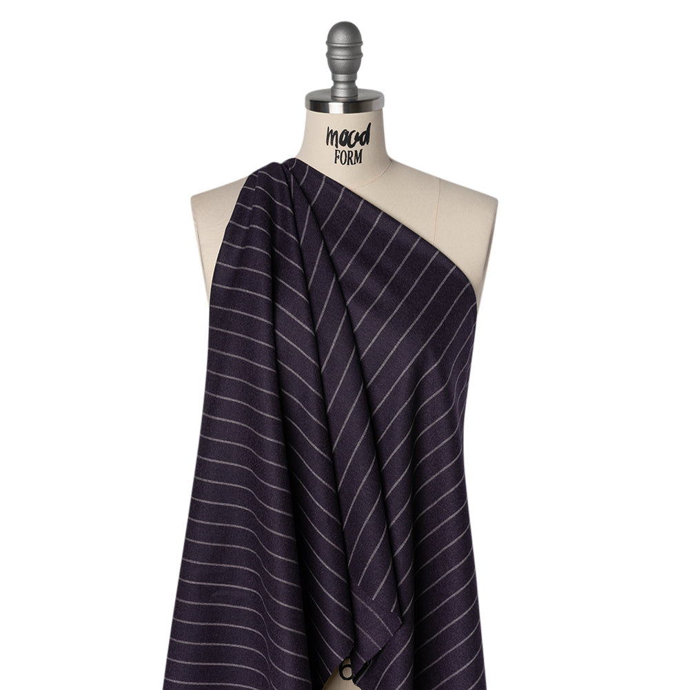 Stretch Virgin Wool Twill Suiting Made in Italy - Plum Purple and White Chalk Stripes Stretch Virgin Wool Twill Suiting Made in Italy - Plum Purple and White Chalk Stripes