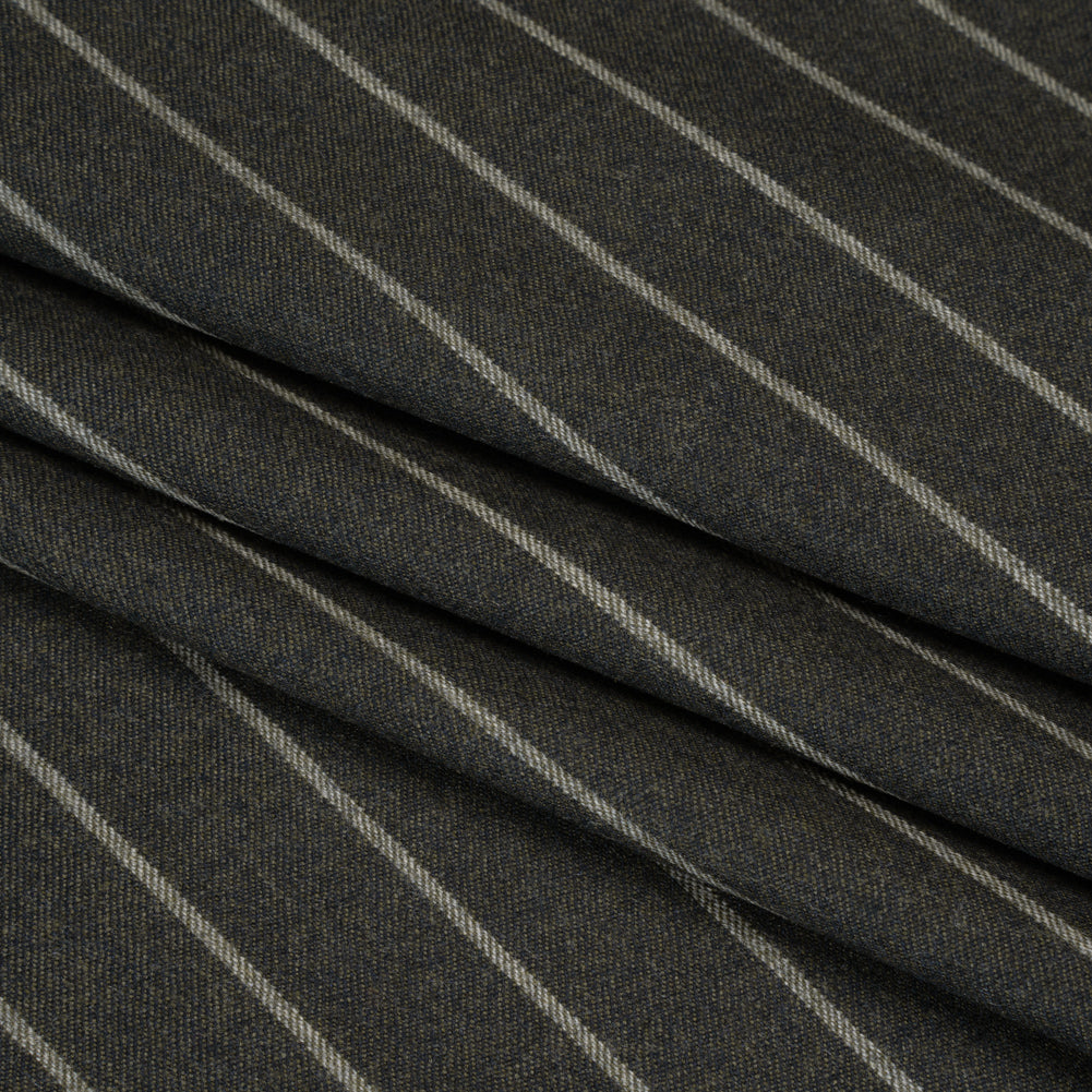 Stretch Virgin Wool Twill Suiting Made in Italy - Dark Green and White Chalk Stripes Stretch Virgin Wool Twill Suiting Made in Italy - Dark Green and White Chalk Stripes