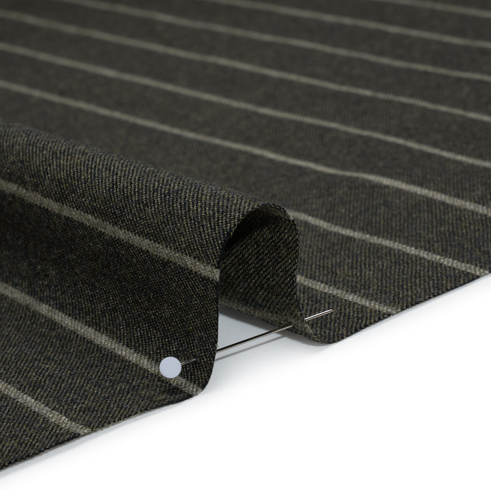 Stretch Virgin Wool Twill Suiting Made in Italy - Dark Green and White Chalk Stripes Stretch Virgin Wool Twill Suiting Made in Italy - Dark Green and White Chalk Stripes