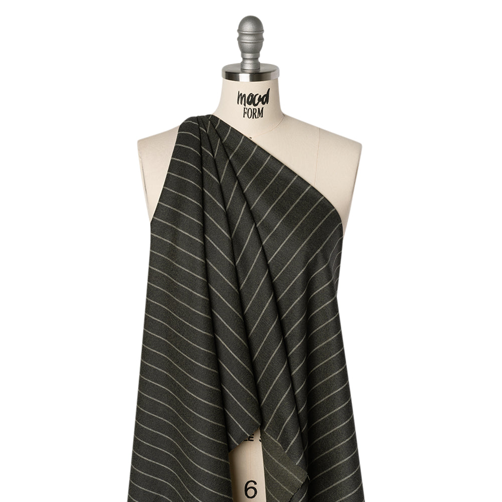 Stretch Virgin Wool Twill Suiting Made in Italy - Dark Green and White Chalk Stripes Stretch Virgin Wool Twill Suiting Made in Italy - Dark Green and White Chalk Stripes