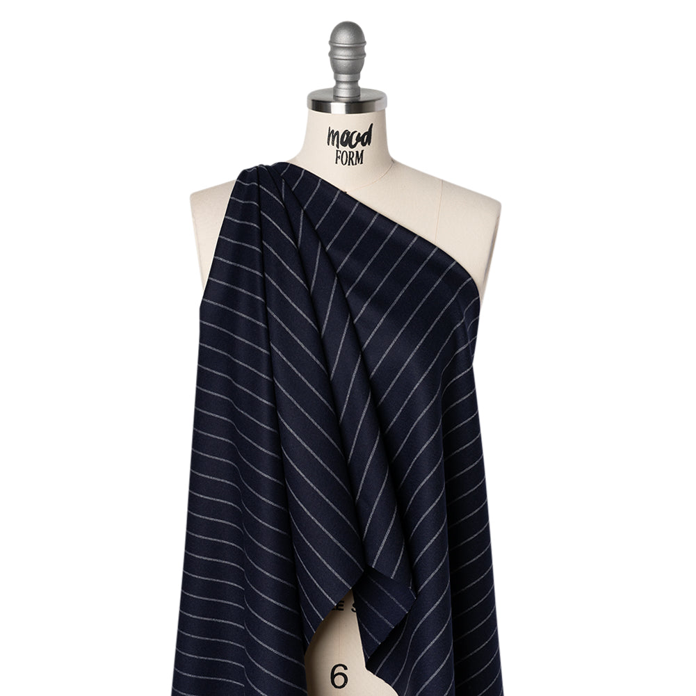 Stretch Virgin Wool Twill Suiting Made in Italy - Navy Blue and White Chalk Stripes Stretch Virgin Wool Twill Suiting Made in Italy - Navy Blue and White Chalk Stripes