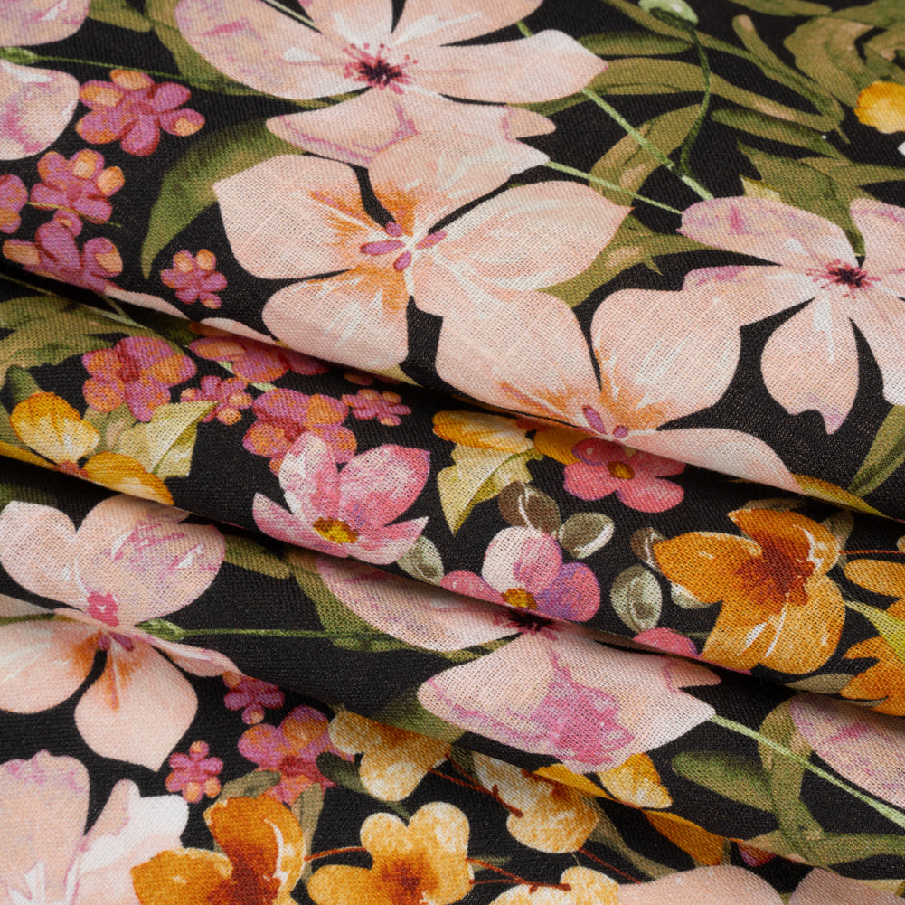Medium Weight Linen Woven Print - Midnight, Pink and Tiger Lily Orange Floral Medium Weight Linen Woven Print - Midnight, Pink and Tiger Lily Orange Floral