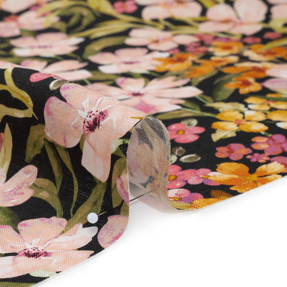 Medium Weight Linen Woven Print - Midnight, Pink and Tiger Lily Orange Floral Medium Weight Linen Woven Print - Midnight, Pink and Tiger Lily Orange Floral
