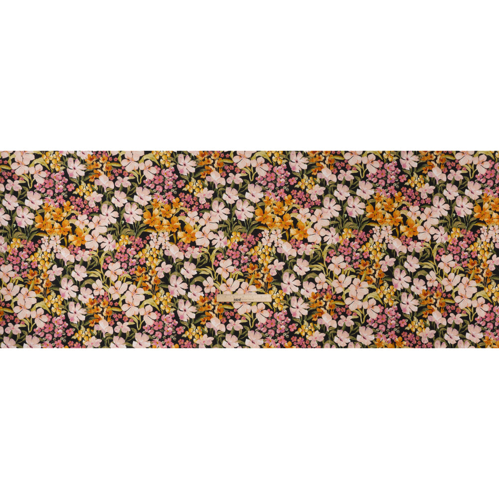 Medium Weight Linen Woven Print - Midnight, Pink and Tiger Lily Orange Floral Medium Weight Linen Woven Print - Midnight, Pink and Tiger Lily Orange Floral