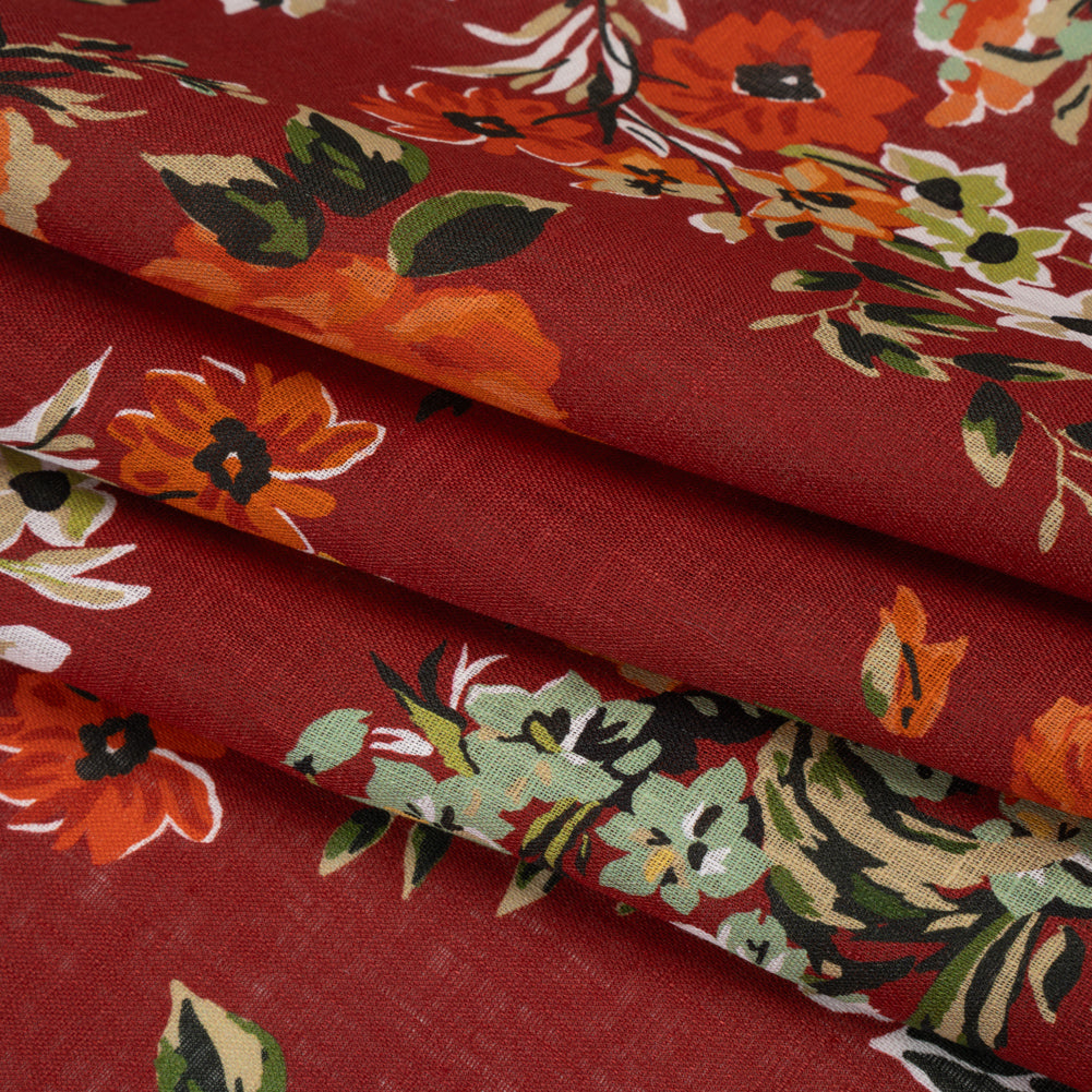 Medium Weight Linen Woven Print - Wine Red, Green and Dark Orange Floral Medium Weight Linen Woven Print - Wine Red, Green and Dark Orange Floral