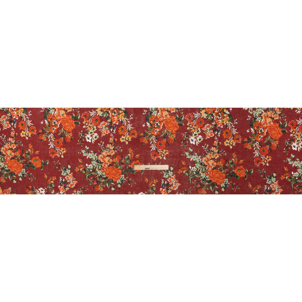 Medium Weight Linen Woven Print - Wine Red, Green and Dark Orange Floral Medium Weight Linen Woven Print - Wine Red, Green and Dark Orange Floral
