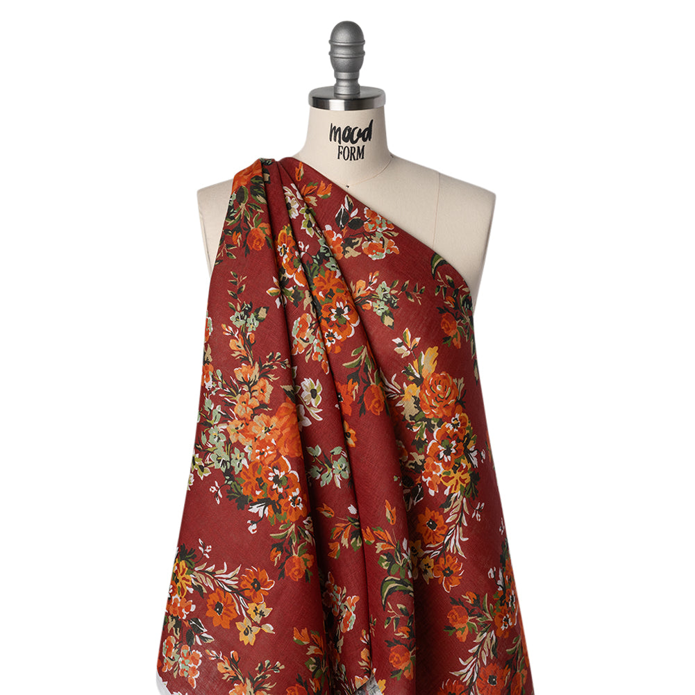 Medium Weight Linen Woven Print - Wine Red, Green and Dark Orange Floral Medium Weight Linen Woven Print - Wine Red, Green and Dark Orange Floral