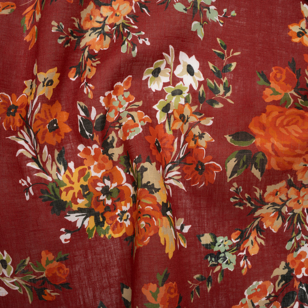Medium Weight Linen Woven Print - Wine Red, Green and Dark Orange Floral Medium Weight Linen Woven Print - Wine Red, Green and Dark Orange Floral