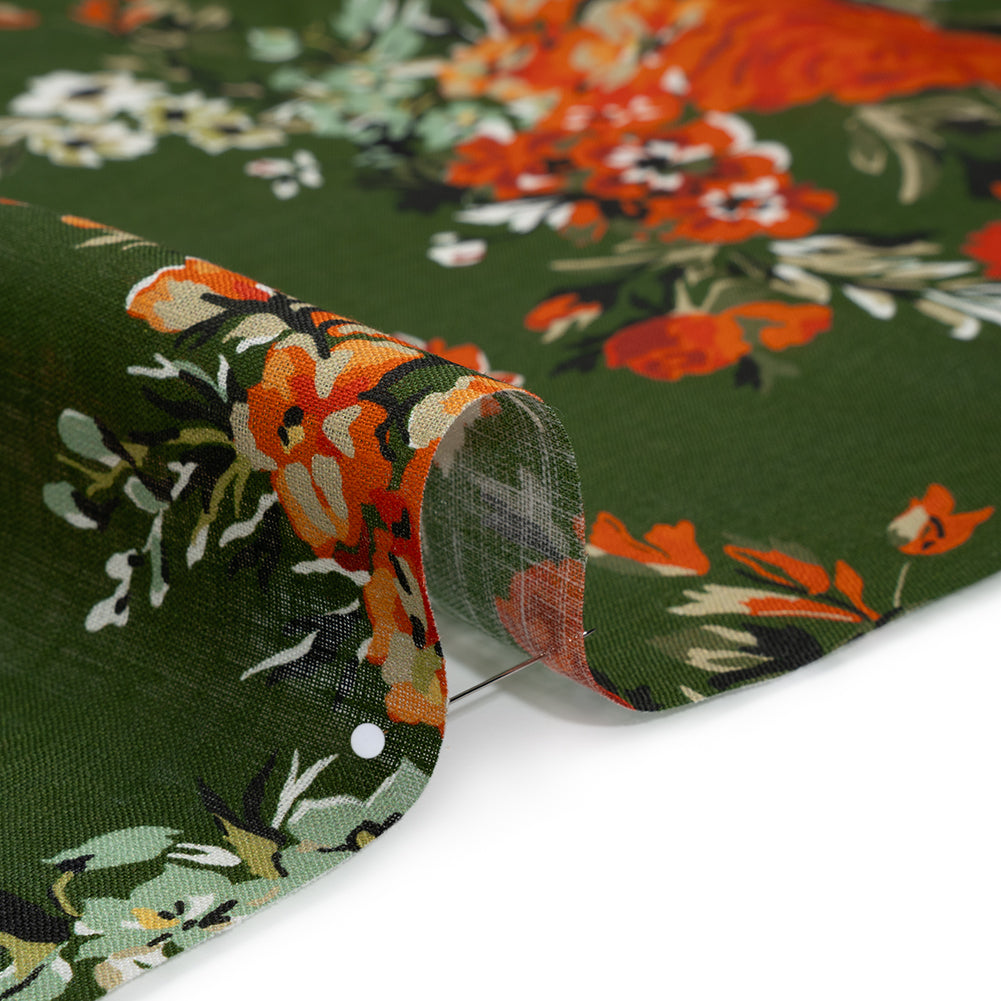 Medium Weight Linen Woven Print - Forest Green, Dark Orange and Mint Floral Medium Weight Linen Woven Print - Forest Green, Dark Orange and Mint Floral