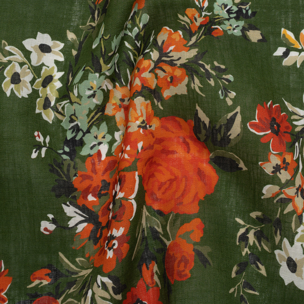 Medium Weight Linen Woven Print - Forest Green, Dark Orange and Mint Floral Medium Weight Linen Woven Print - Forest Green, Dark Orange and Mint Floral