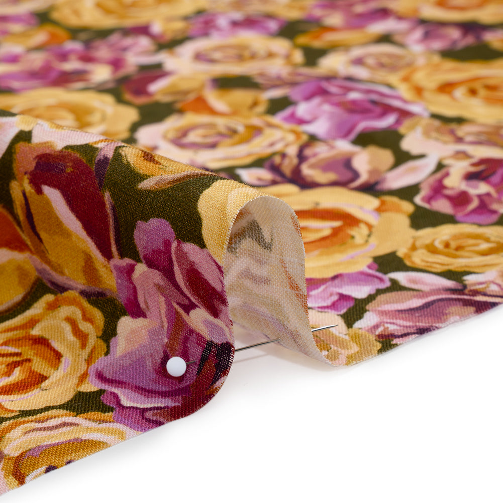 Medium Weight Linen Woven Print - Mustard Yellow, Magenta Pink and Dark Olive Green Roses Medium Weight Linen Woven Print - Mustard Yellow, Magenta Pink and Dark Olive Green Roses