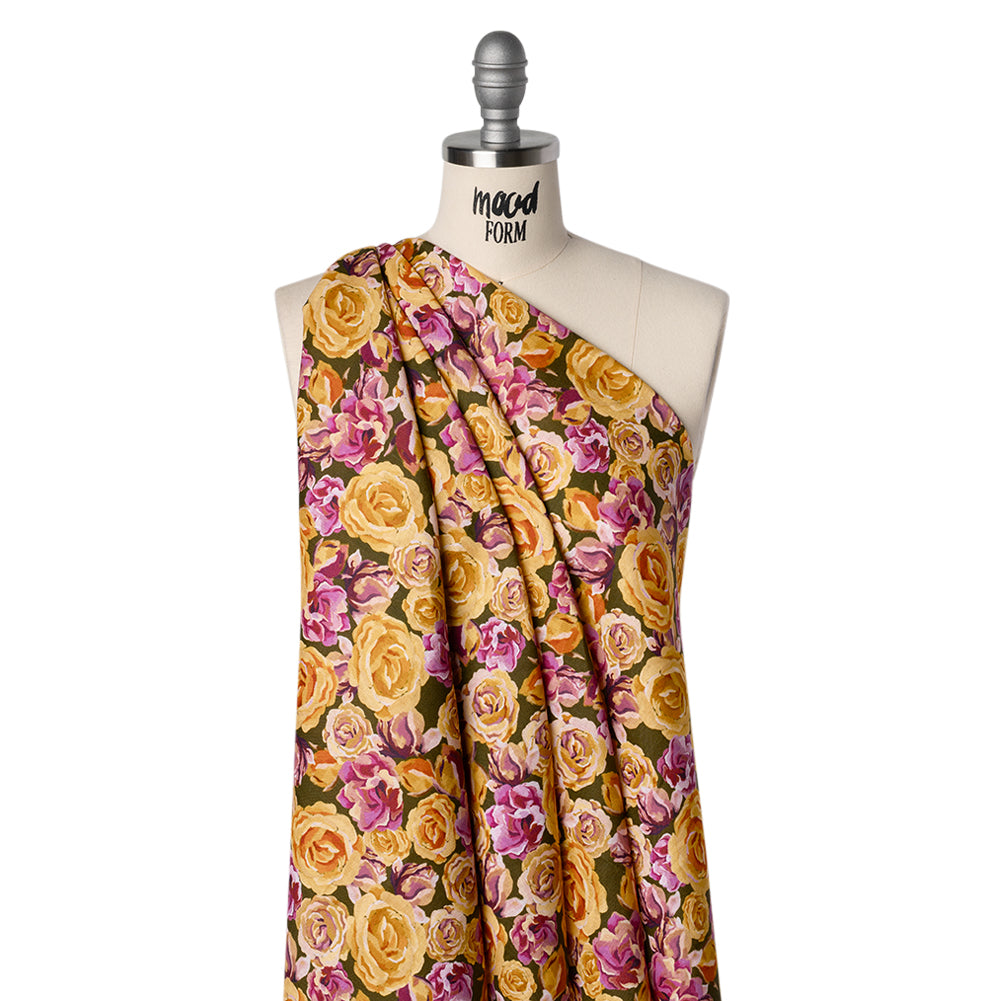 Medium Weight Linen Woven Print - Mustard Yellow, Magenta Pink and Dark Olive Green Roses Medium Weight Linen Woven Print - Mustard Yellow, Magenta Pink and Dark Olive Green Roses