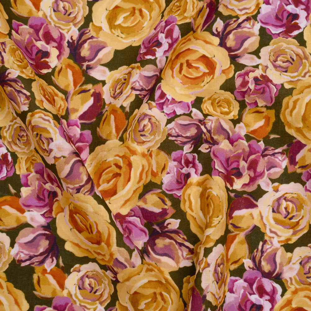 Medium Weight Linen Woven Print - Mustard Yellow, Magenta Pink and Dark Olive Green Roses Medium Weight Linen Woven Print - Mustard Yellow, Magenta Pink and Dark Olive Green Roses