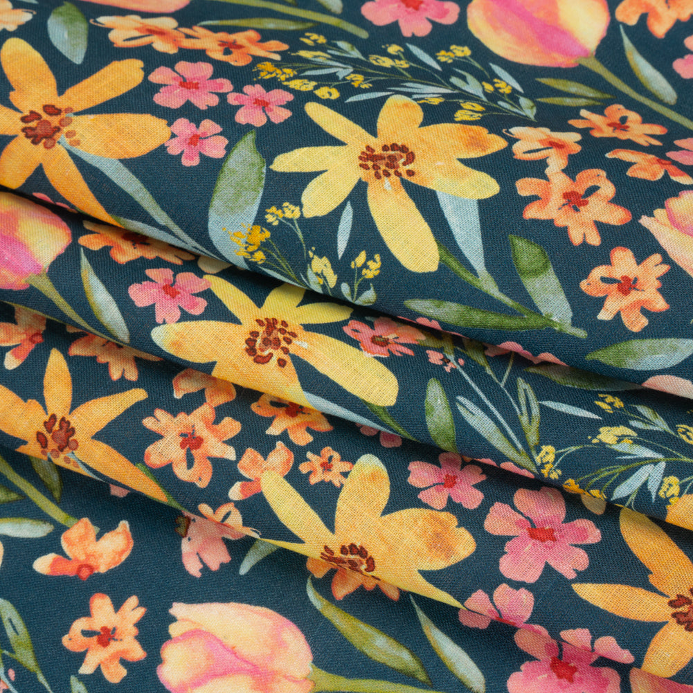 Medium Weight Linen Woven Print - Dark Teal, Orange and Pink Tulip Garden Medium Weight Linen Woven Print - Dark Teal, Orange and Pink Tulip Garden