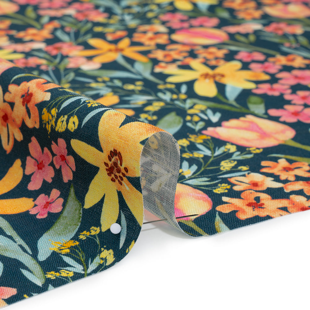 Medium Weight Linen Woven Print - Dark Teal, Orange and Pink Tulip Garden Medium Weight Linen Woven Print - Dark Teal, Orange and Pink Tulip Garden