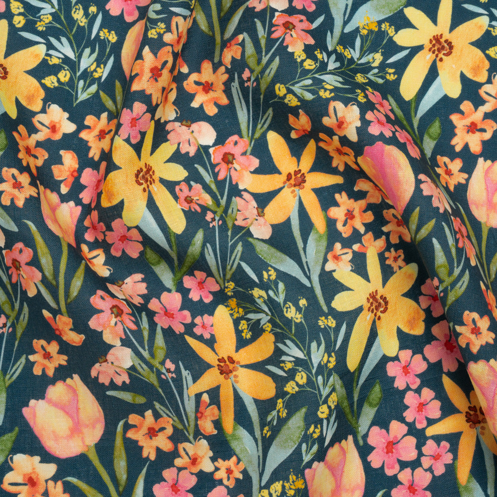 Medium Weight Linen Woven Print - Dark Teal, Orange and Pink Tulip Garden Medium Weight Linen Woven Print - Dark Teal, Orange and Pink Tulip Garden