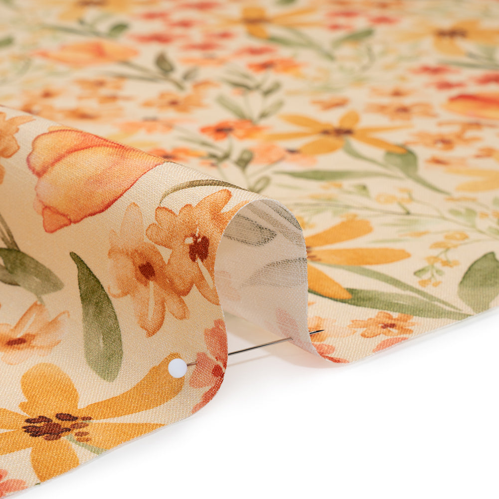 Medium Weight Linen Woven Print - Cream, Orange and Green Tulip Garden Medium Weight Linen Woven Print - Cream, Orange and Green Tulip Garden