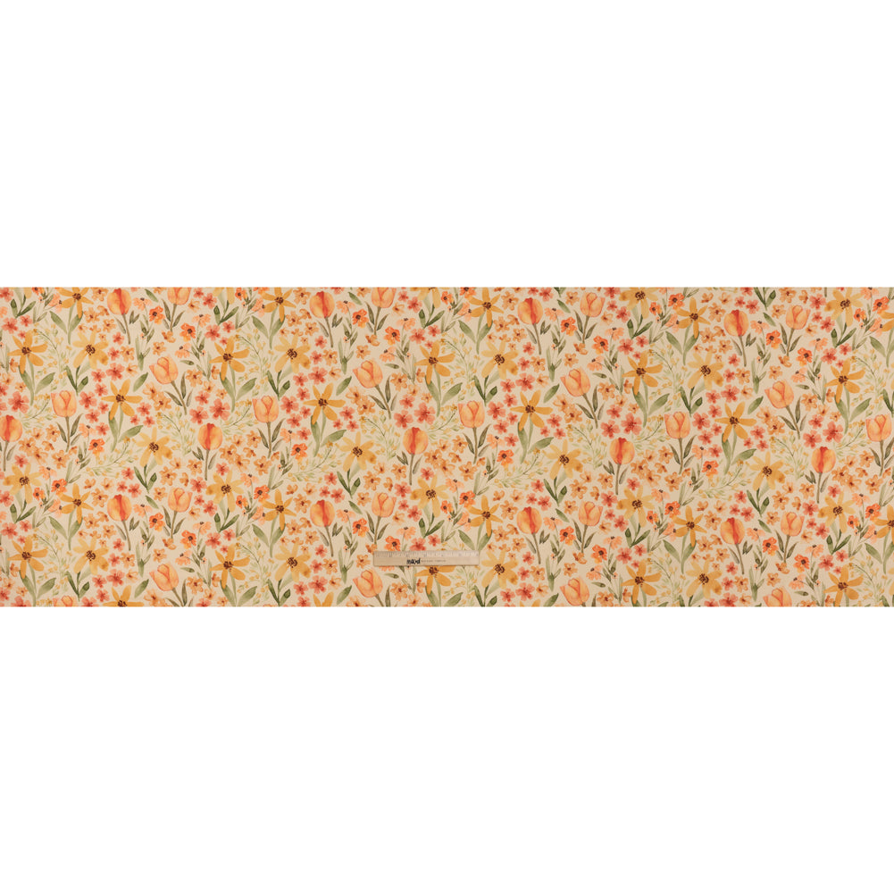 Medium Weight Linen Woven Print - Cream, Orange and Green Tulip Garden Medium Weight Linen Woven Print - Cream, Orange and Green Tulip Garden