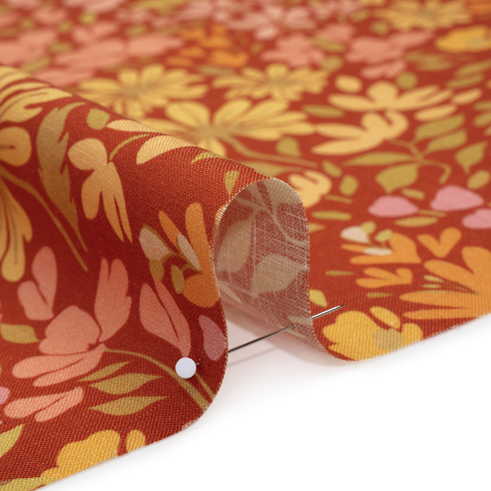Medium Weight Linen Woven Print - Terracotta, Lemon and Sage Floral Medium Weight Linen Woven Print - Terracotta, Lemon and Sage Floral