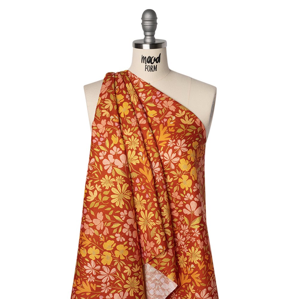 Medium Weight Linen Woven Print - Terracotta, Lemon and Sage Floral Medium Weight Linen Woven Print - Terracotta, Lemon and Sage Floral