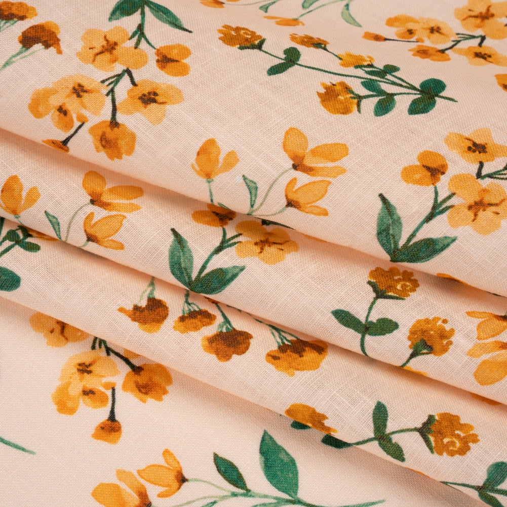 Medium Weight Linen Woven Print - Peach, Orange and Emerald Green Little Flower Bunches Medium Weight Linen Woven Print - Peach, Orange and Emerald Green Little Flower Bunches